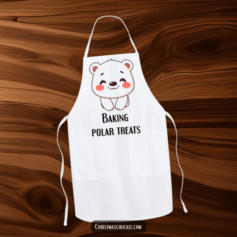 Funny apron featuring a happy polar bear with red cheeks and a silly grin, making kitchen tasks fun.