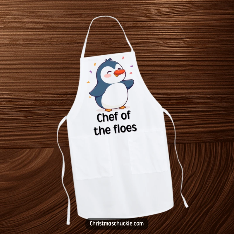 Funny apron featuring a cheerful penguin balancing a red nose on its beak amidst confetti, a whimsical addition to any kitchen.