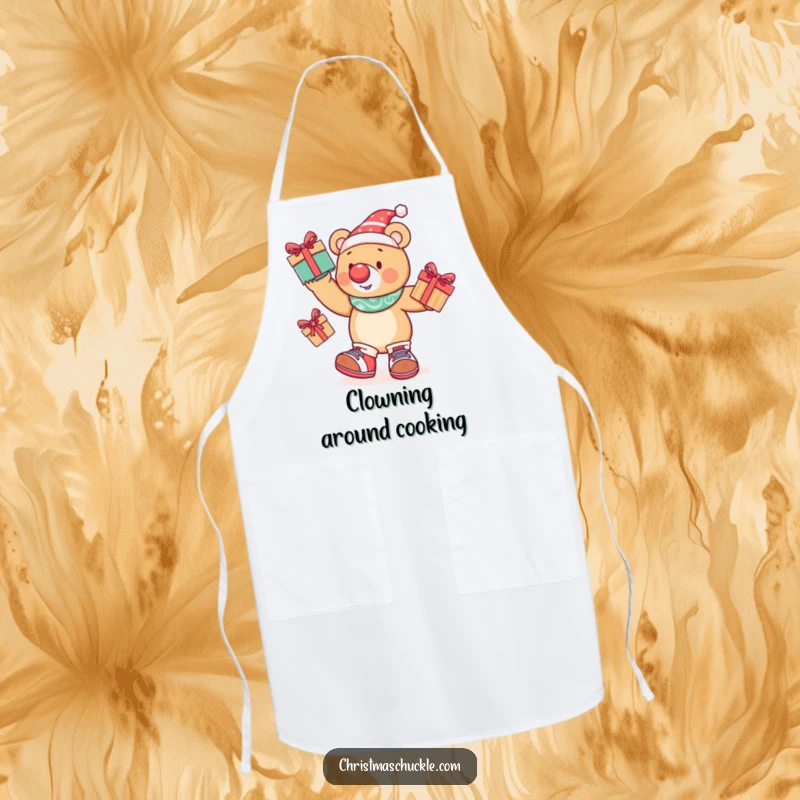 Funny bear in clown shoes and nose juggling presents, on a durable kitchen apron, ready for cooking and humor.