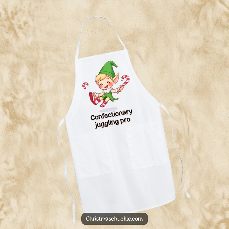 Funny apron showcasing a happy elf in oversized clown shoes, juggling candy canes while cooking, a whimsical addition to any kitchen.