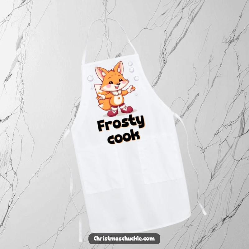 Funny apron depicting a cheerful fox in clown shoes, comically juggling snowball projectiles while cooking, ideal for kitchen fun.