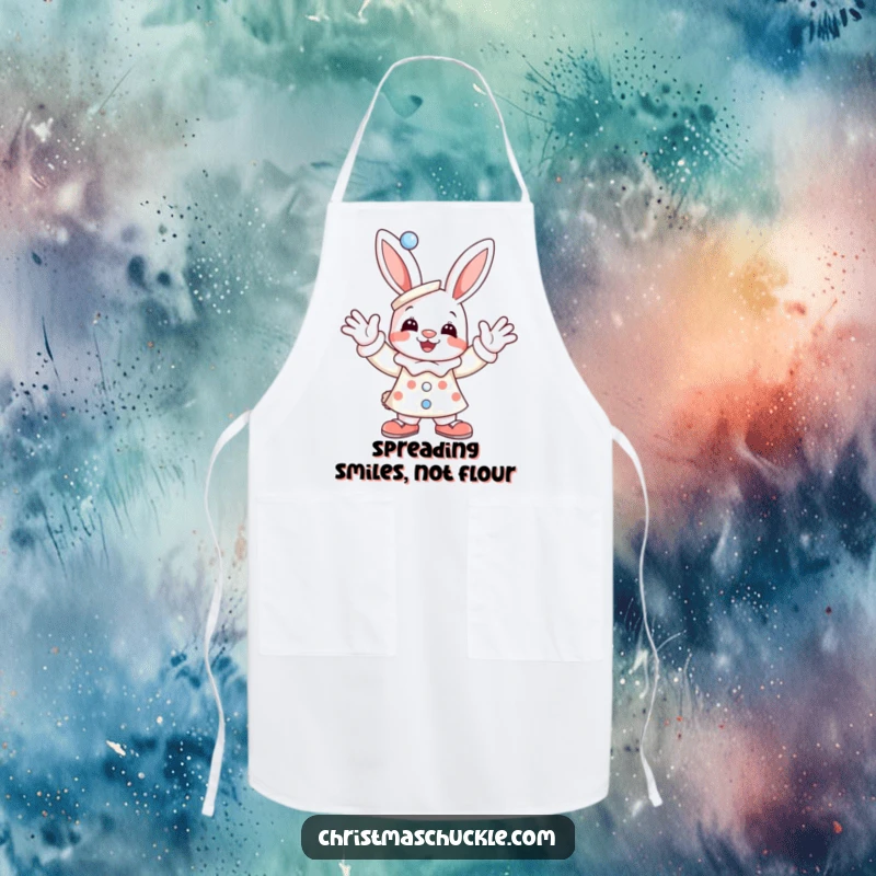 Funny apron showcasing a joyful bunny dressed as a clown, enthusiastically waving, ready to add humor to any cooking session.