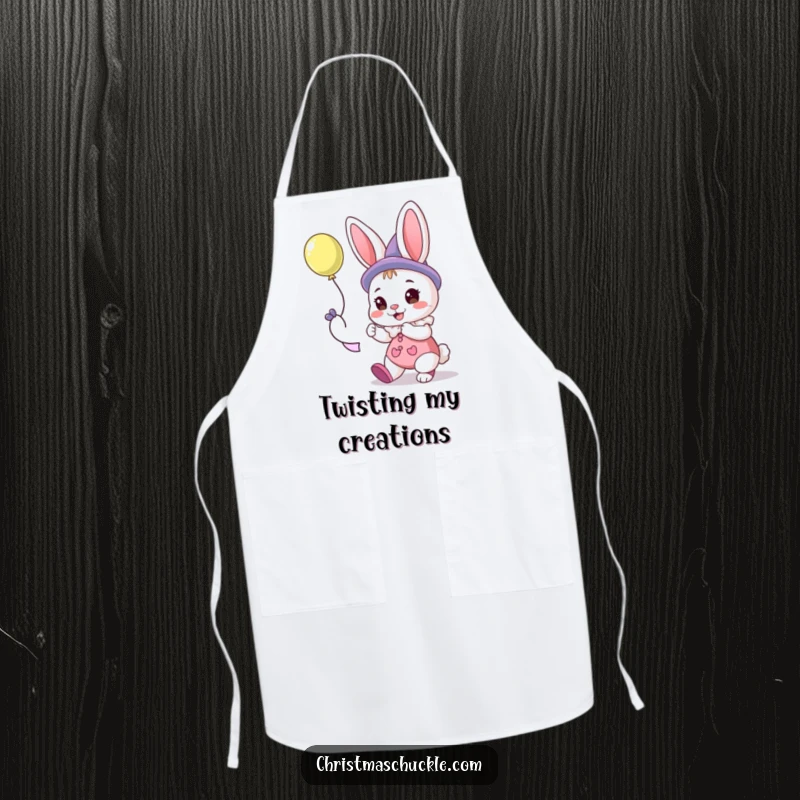 Funny apron showing a cheerful bunny clown skillfully making a balloon animal, ideal for kitchen antics.