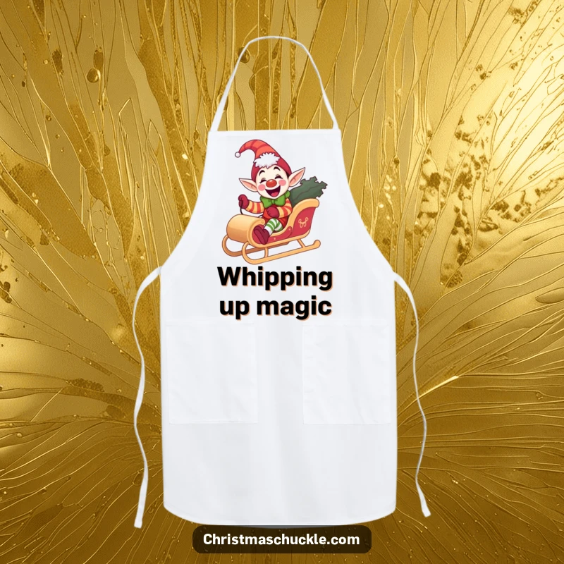 Funny elf clown apron, giddy and practical, riding a miniature sleigh, a humorous and useful gift for cooks.