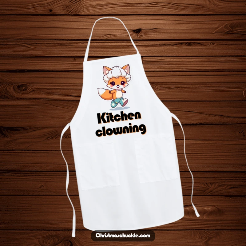 Funny apron featuring a cute fox character hopping joyfully, wearing a tiny clown wig and oversized boots, perfect for playful chefs.