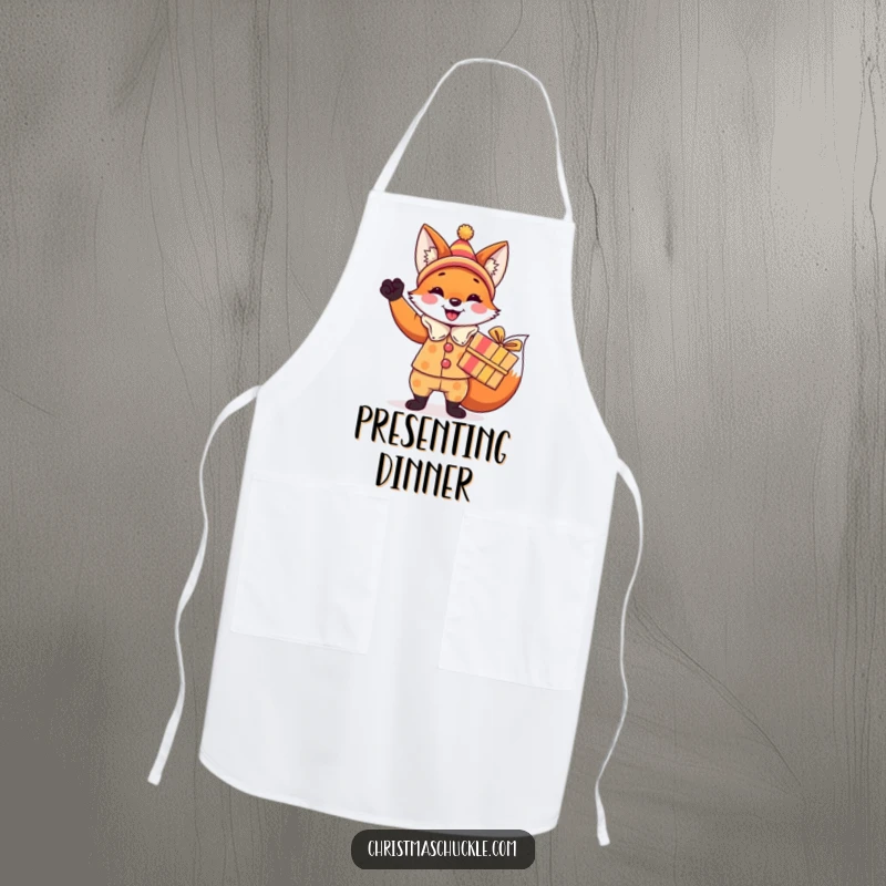 Funny fox apron, a festive fox in a clown costume triumphantly holding a brightly wrapped gift, humorous kitchen attire.