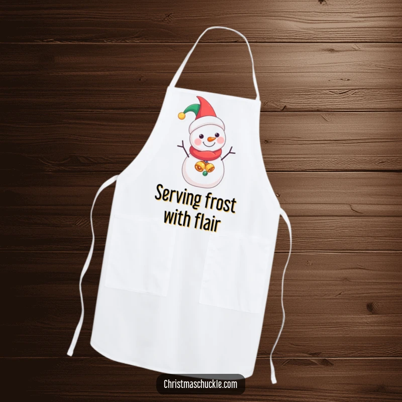 Funny Jester Snowman apron, a playful winter character in jester costume, ready for culinary adventures and kitchen laughs.