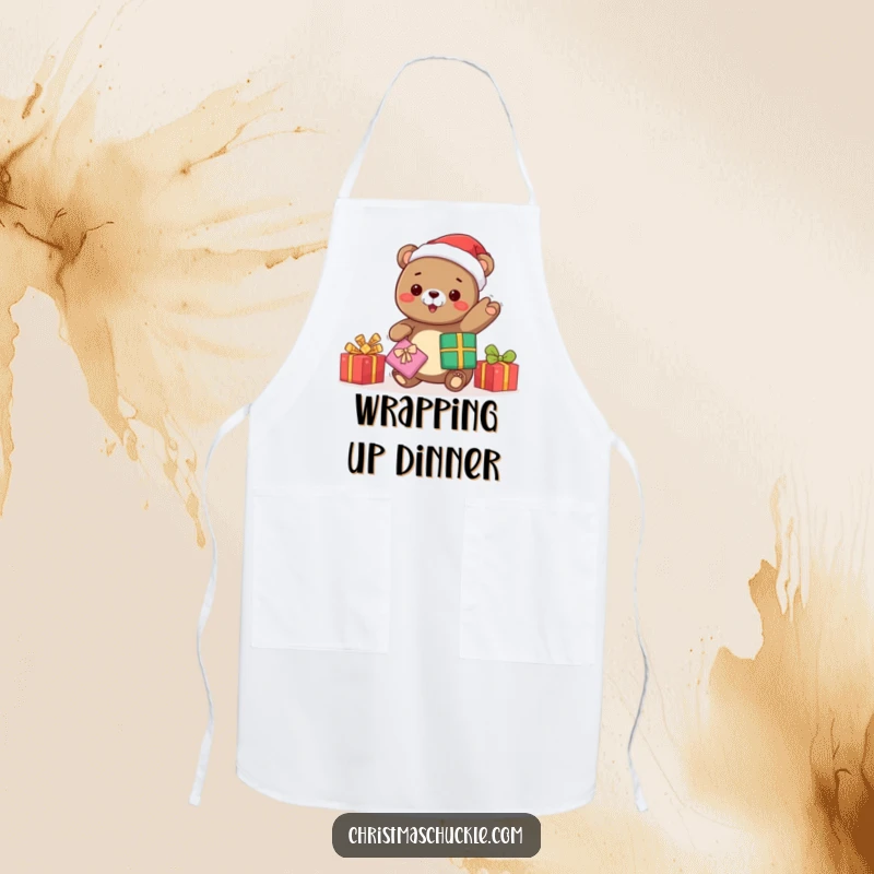 Funny kawaii bear Santa juggling gifts, a protective apron for festive cooking and baking, combining practicality with holiday humor.