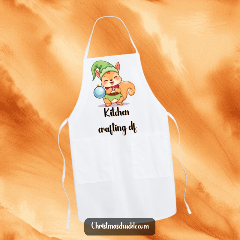 Funny Kawaii Elf Squirrel Apron: A cute Christmas character dressed as an elf, excitedly holding a sparkling ornament, for festive cooking.