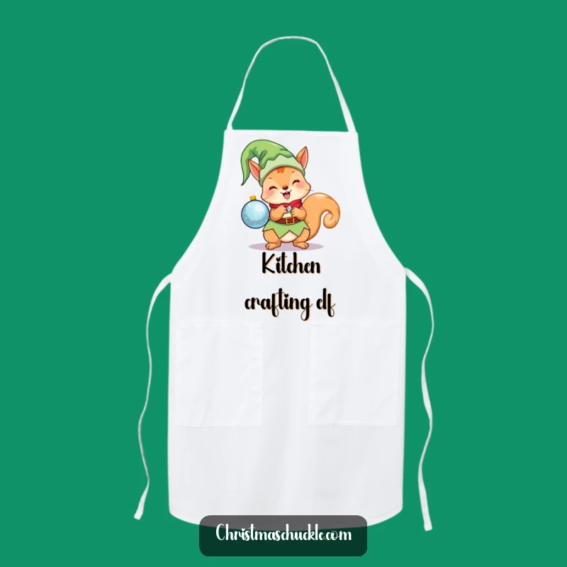 Funny Kawaii Elf Squirrel Apron: Cute Christmas Character Holding Ornament, Kitchen Funny Gift