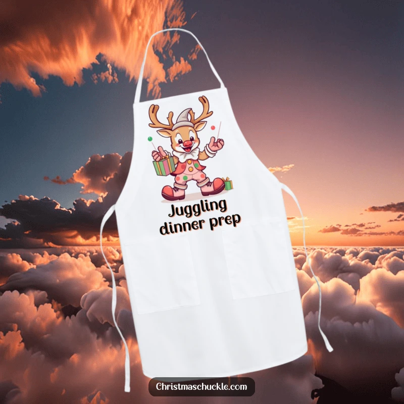 Funny kawaii reindeer clown juggling presents, durable apron, festive accessory, holiday and humorous kitchen wear, cute seasonal character.