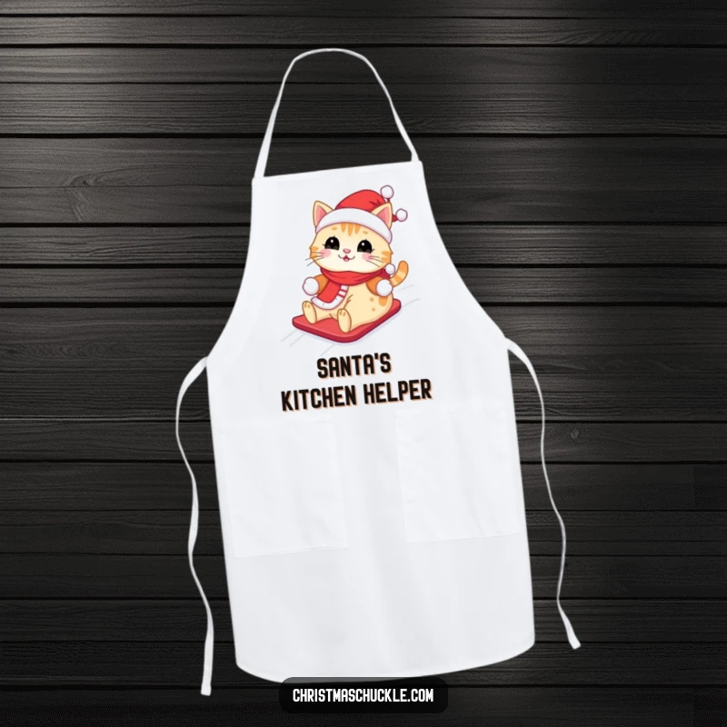 Funny Kawaii Santa Cat Apron: A cute cat wearing a Santa outfit, happily sliding down a snowy hill, for festive cooking.