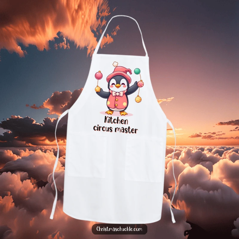 Funny apron featuring a penguin clown juggling festive baubles, perfect for kitchen use and adding a humorous, holiday-themed touch.
