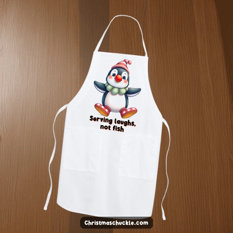Funny penguin clown apron, festive and practical, for kitchen use, featuring the comical character, a humorous and useful gift for cooks.