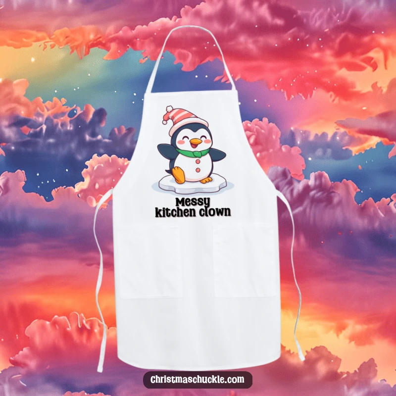 Funny chef apron featuring a smiling penguin dressed as a clown, comically slipping on an icy patch, ready for kitchen fun.