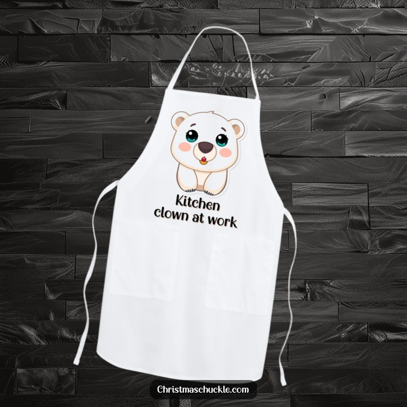 Funny polar bear clown nose apron, a shocked bear with a tiny clown nose, bringing comical flair to kitchen tasks.