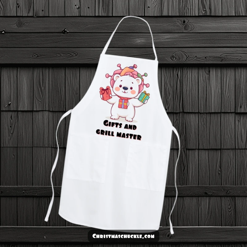 Funny apron featuring a curious polar bear in a clown wig, juggling presents while cooking, a whimsical addition to any kitchen.