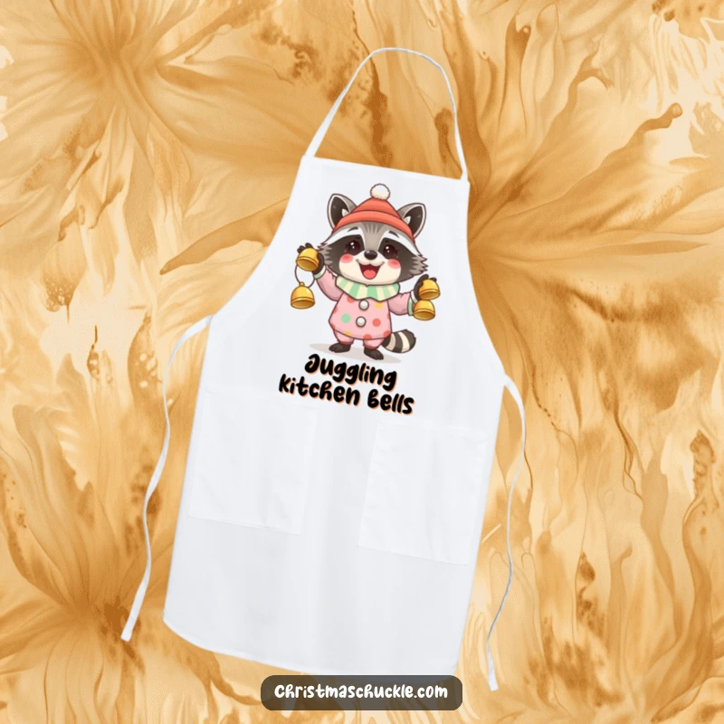 Funny apron featuring a happy raccoon in a clown outfit juggling jingle bells, great for holiday baking.