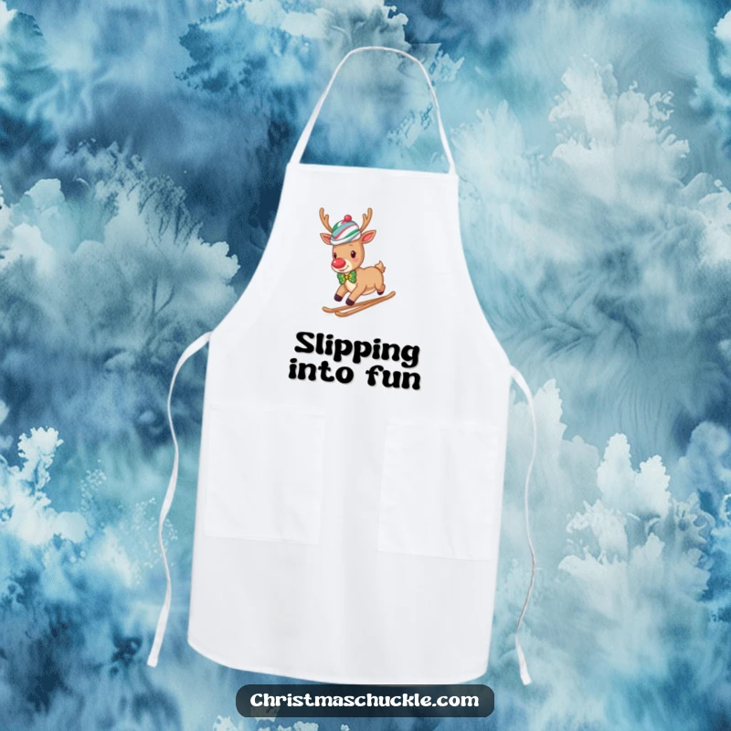 Funny reindeer clown wearing a wig and bow tie slides down a snowy hill, a humorous apron for the kitchen.
