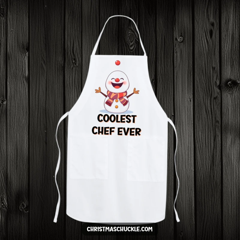 Funny snowman apron, a clown-faced snowman juggling snowflakes while cooking, a humorous kitchen accessory gift.