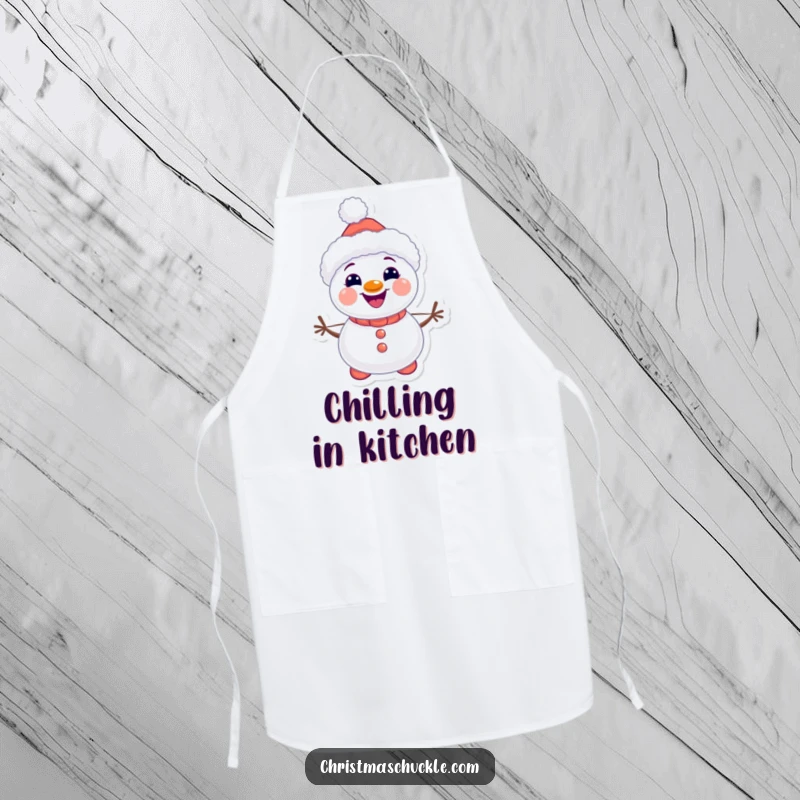 Funny kawaii snowman clown apron, cute and practical, smiling with carrot buttons, a humorous and useful gift for cooks.