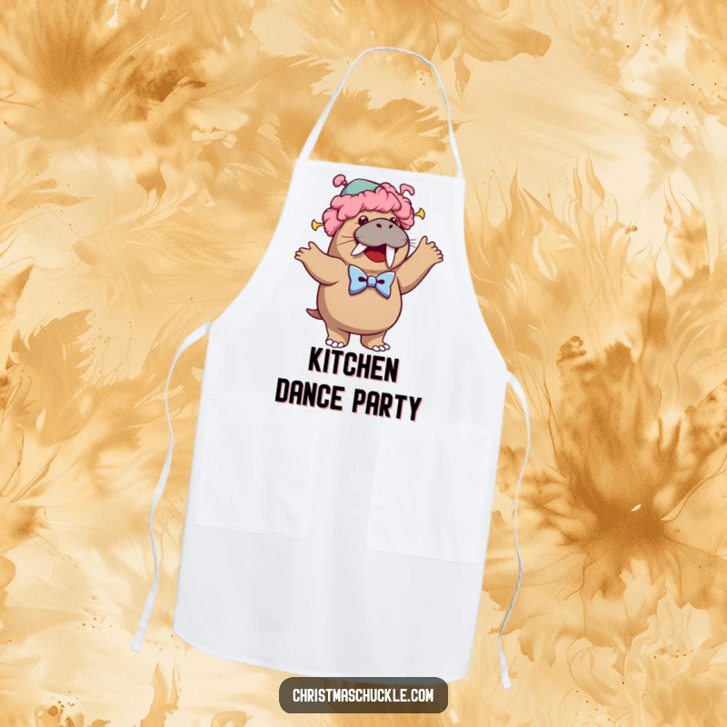 Funny apron showing a cheerful walrus dressed as a clown, wearing a wig and bowtie, performing a silly dance while cooking.