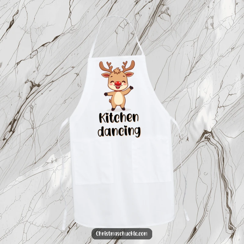 Funny apron featuring a delighted reindeer character with a bright red nose attempting a silly dance, perfect for holiday baking.