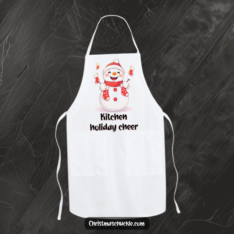 Funny apron with a cute kawaii snowman juggling tiny Christmas stockings, humorous holiday kitchen wear.