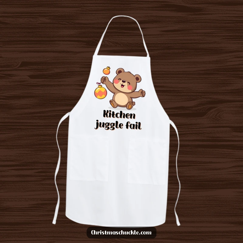 Funny apron showcasing a happy bear character clumsily juggling three brightly colored ornaments, perfect for festive kitchen fun.
