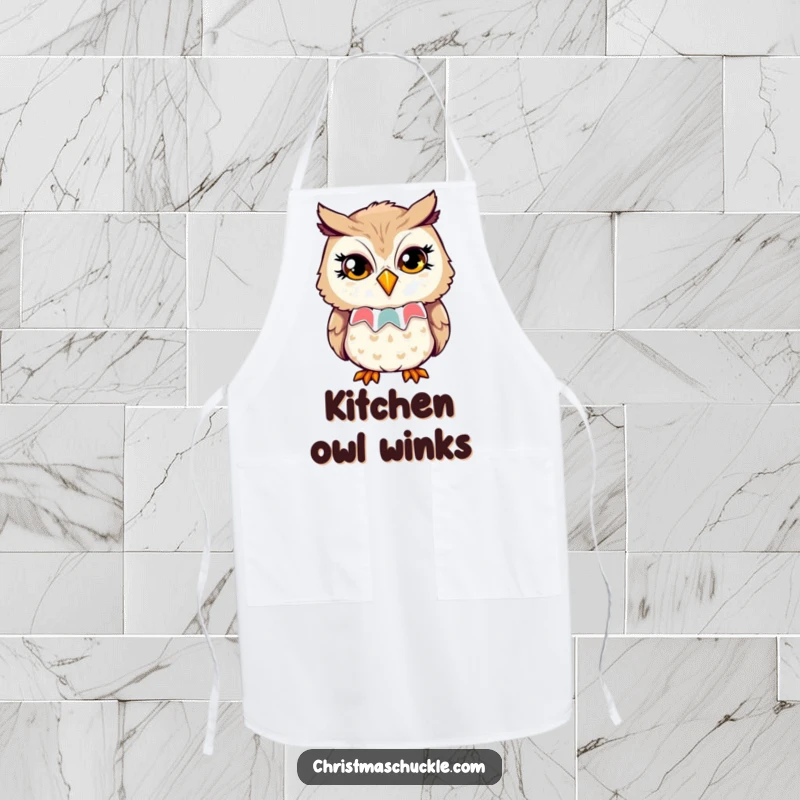 Funny apron showcasing an owl in a clown collar, giving a playful wink with sparkling eyes, perfect for humorous cooking.