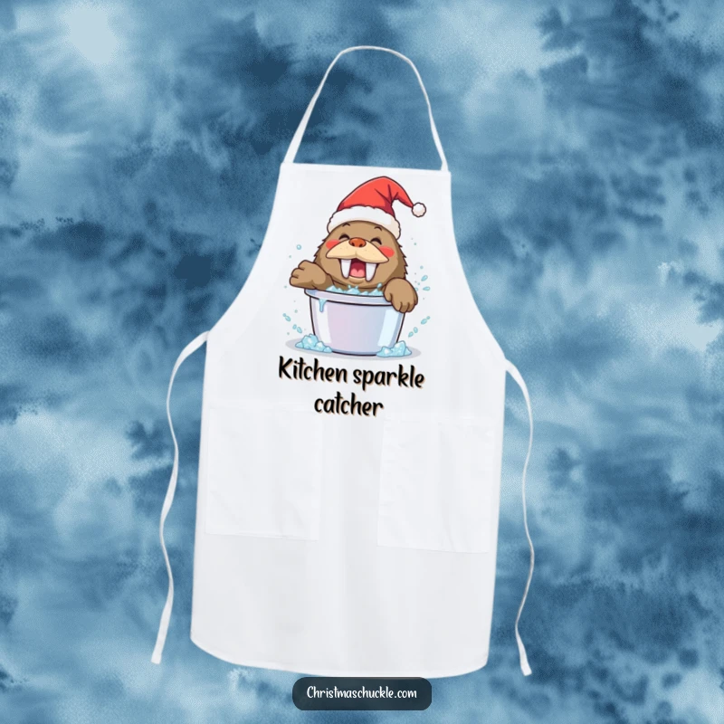 Funny walrus clown apron, wearing a Santa hat, playfully splashing in a bucket of glitter, a festive and practical accessory.