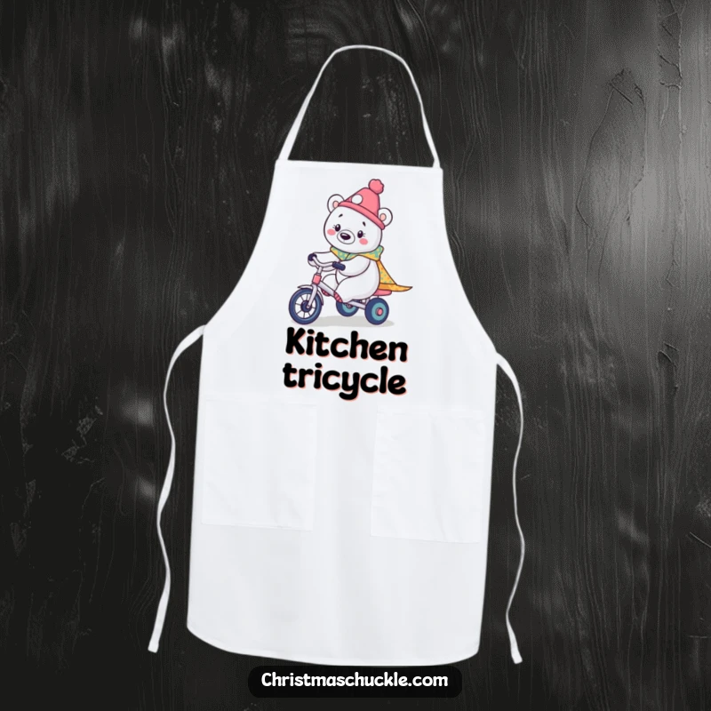 Funny apron depicting a kawaii polar bear dressed as a circus clown, riding a tiny tricycle, ready for kitchen adventures.