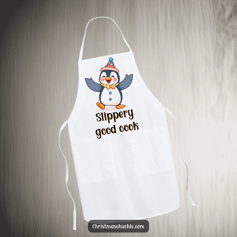 Funny penguin apron, a penguin dressed as a clown, doing a silly dance, for a humorous cooking experience.