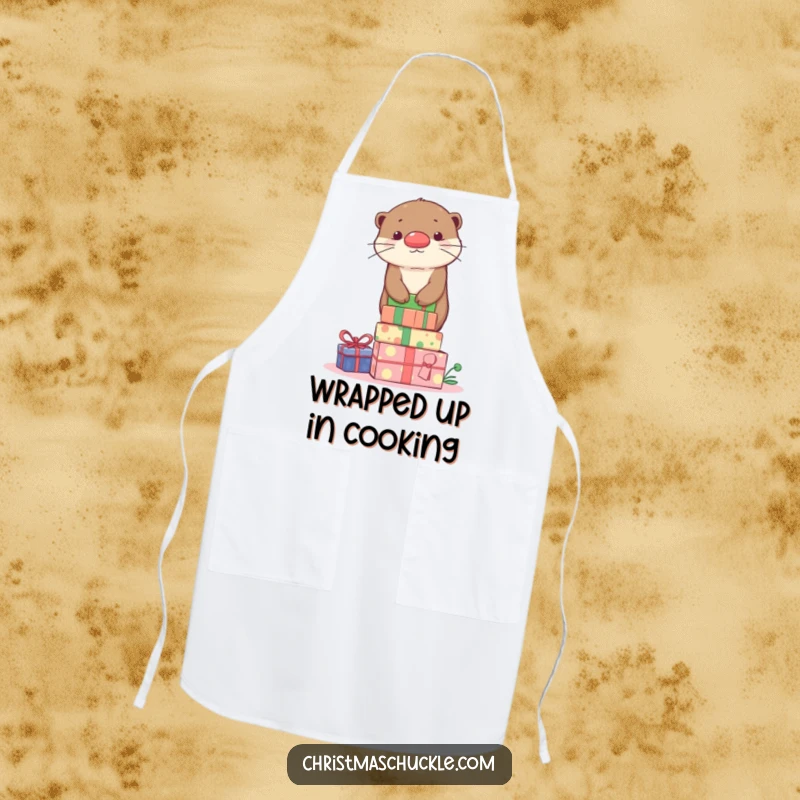 Funny otter with a clown nose balancing on gifts, printed on a practical and funny kitchen apron design.