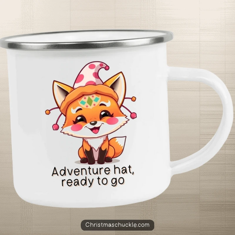 Funny fox with clown face paint joyfully trying on an enormous festive hat, printed on a sturdy funny camping mug.