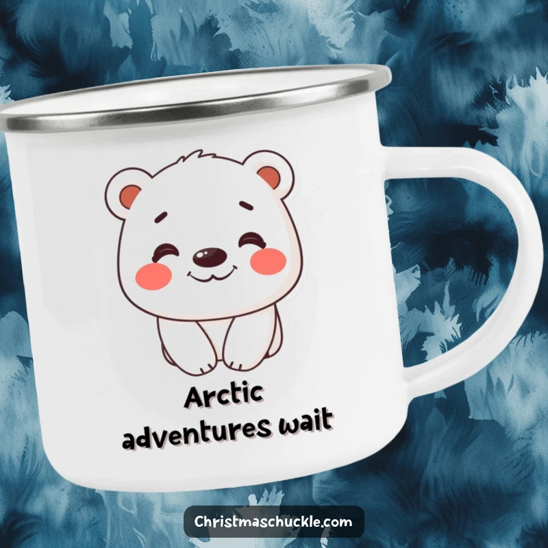 Funny camping mug depicting a happy polar bear with red cheeks and a broad grin for outdoor cheer.