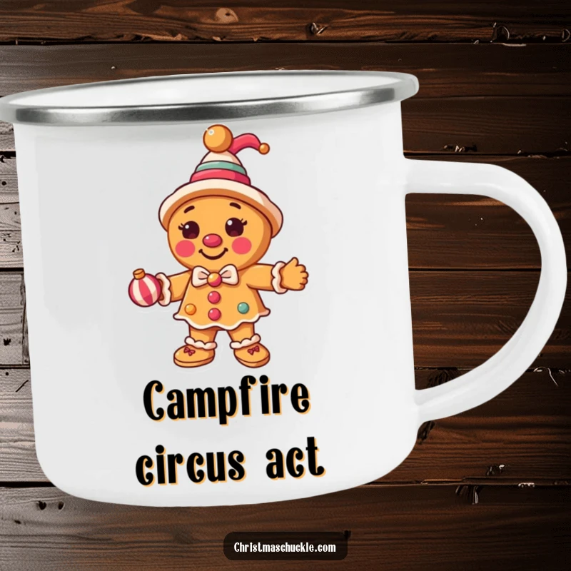 Funny gingerbread man dressed as a clown, juggling ornaments on a rugged camping mug, perfect for outdoor holiday fun.