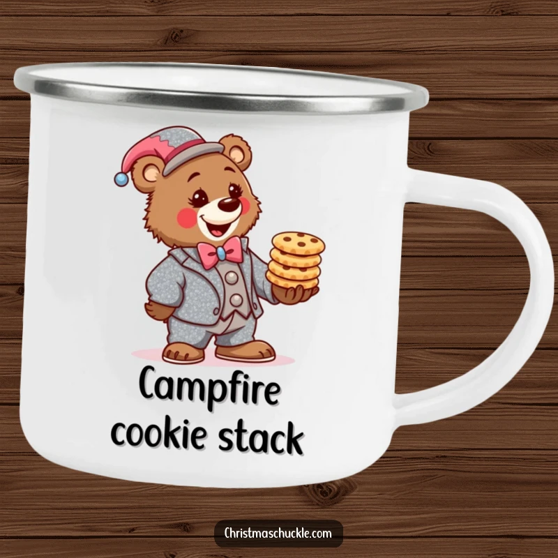Funny bear clown camping mug, wearing a sparkly suit, determinedly balancing a stack of festive cookies, durable and comical outdoor gear.