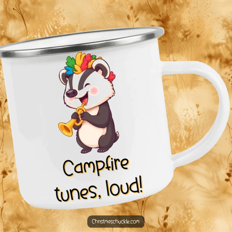 Funny badger with a clown wig playing a small trumpet, printed on a sturdy and funny camping mug.