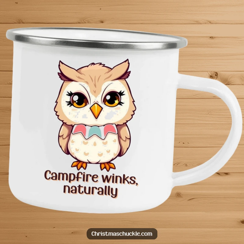Funny camping mug with an owl in a clown collar, giving a playful wink with sparkling eyes, perfect for outdoor wit.