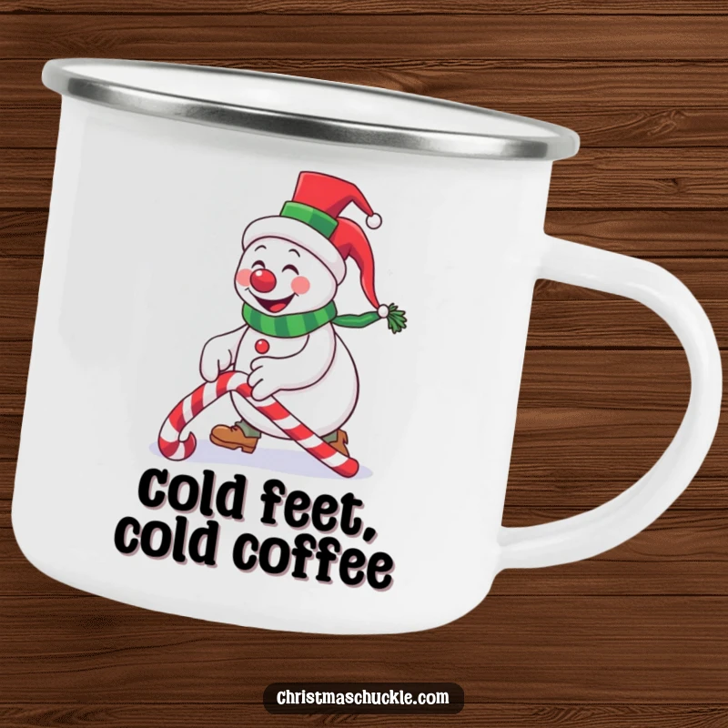 Funny snowman clown in a tiny top hat tripping over a candy cane, a durable and humorous camping mug for outdoor enthusiasts.