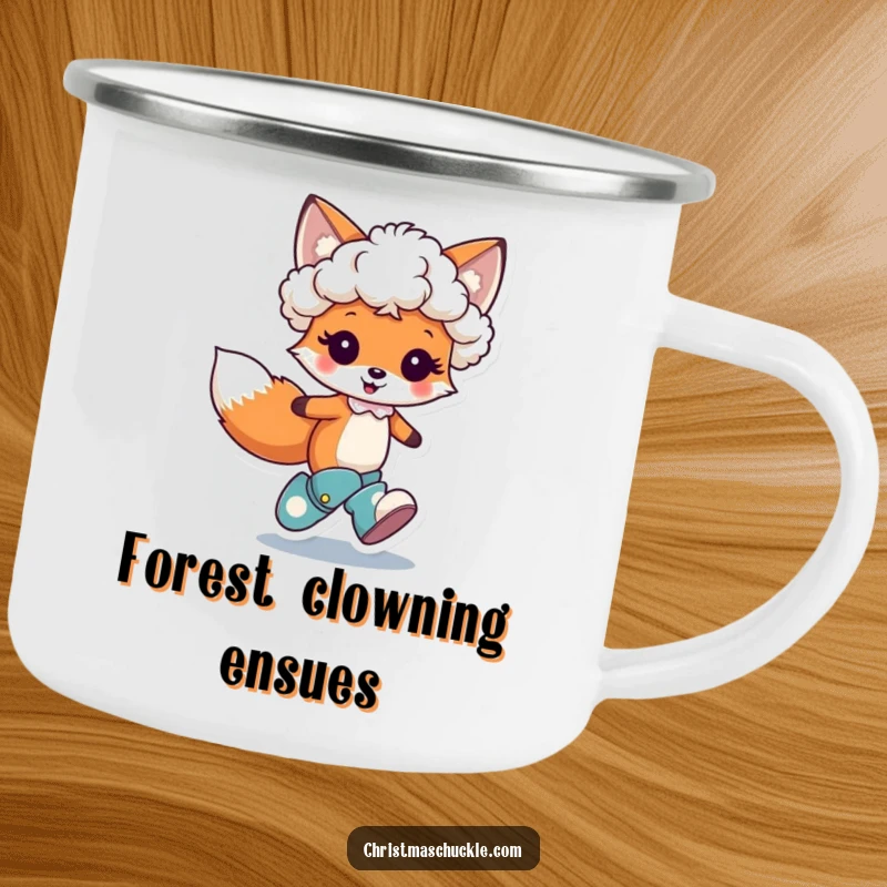 Funny camping mug featuring a cute fox character hopping joyfully, wearing a tiny clown wig and oversized boots, ready for outdoor fun.