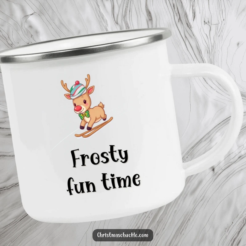 Funny reindeer clown wearing a wig and bow tie slides down a snowy hill, a durable and humorous camping mug.