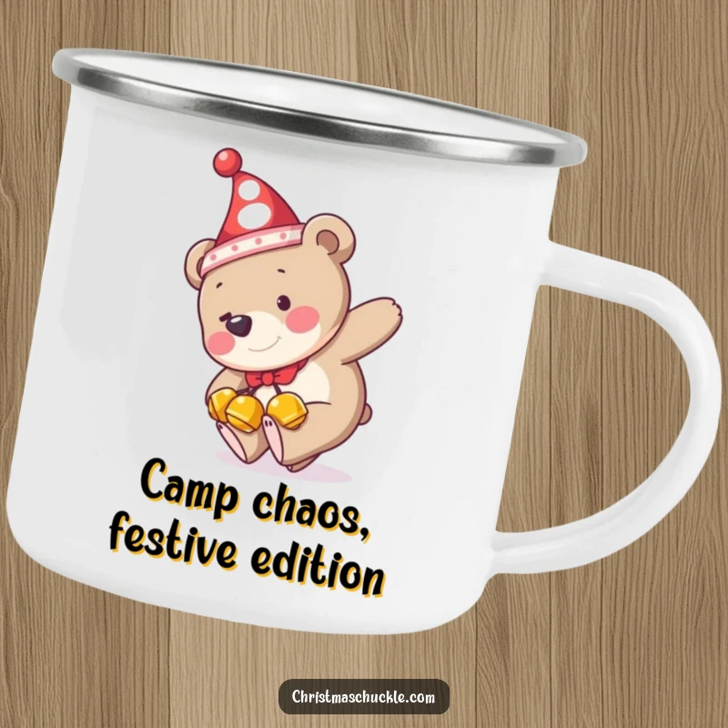 Funny camping mug depicting a bear in a clown hat and jingle bells hilariously tripping, perfect for rugged humor on the go.