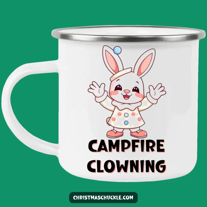 Funny Bunny Clown Camping Mug: Waving Trail Buddy, Rugged & Humorous Gift!