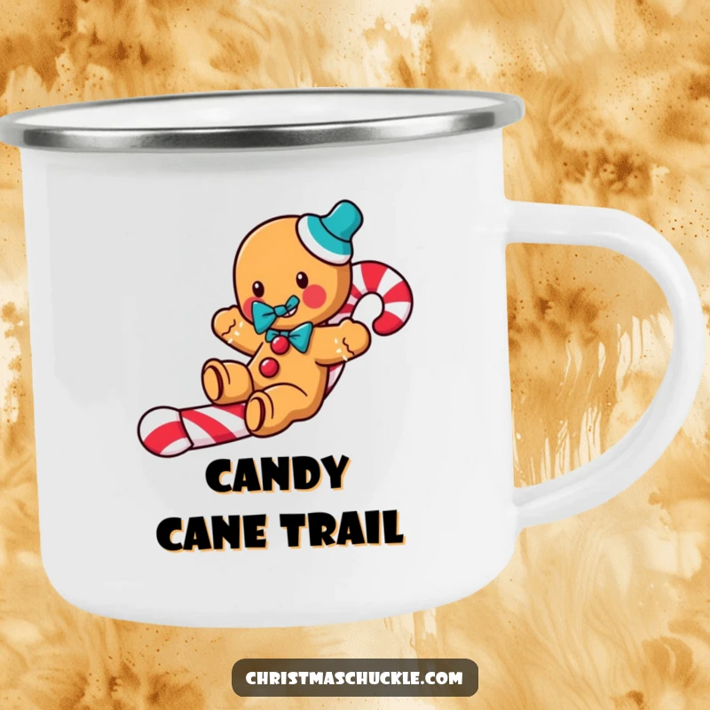 Funny Gingerbread Clown Camping Mug: A jolly gingerbread man slides down a candy cane, perfect for outdoor holiday drinks with humor.