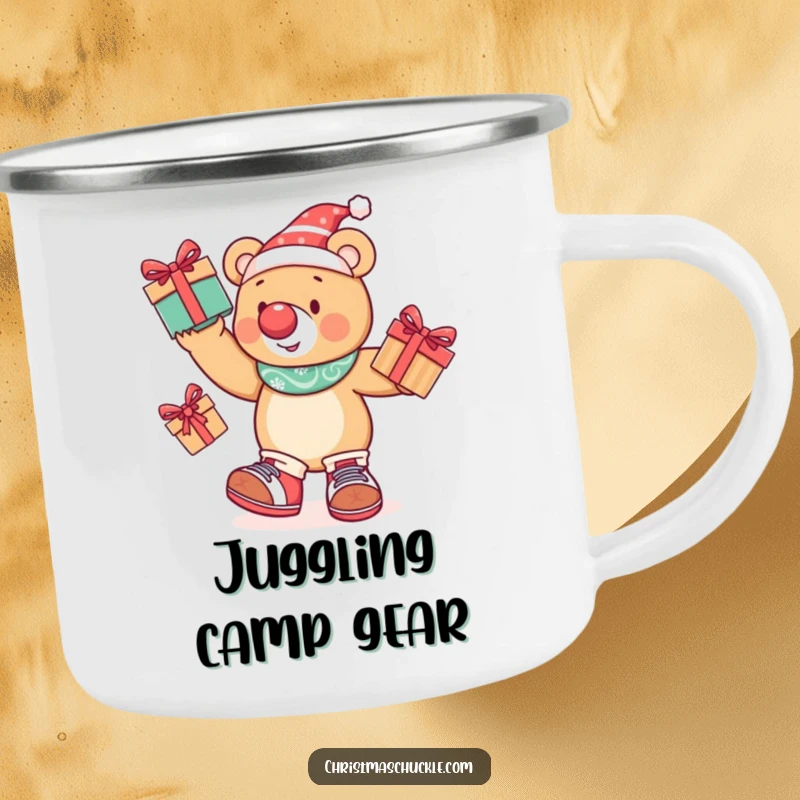 Funny festive bear in clown get-up juggling presents, on a rugged camping mug for outdoor enjoyment and circus humor.