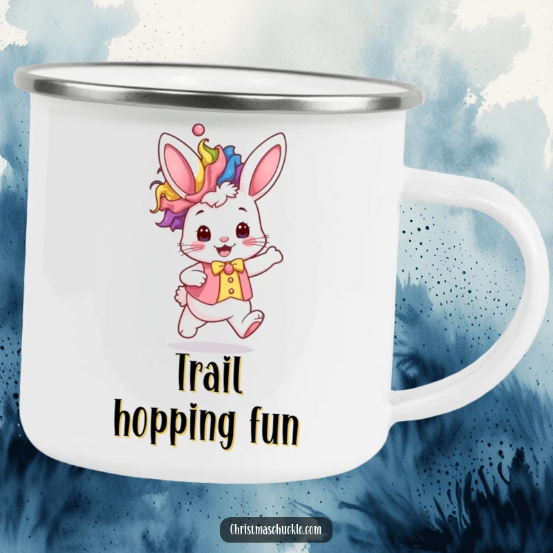 Funny kawaii bunny in a rainbow clown wig and waistcoat hops excitedly, a durable and humorous camping mug.