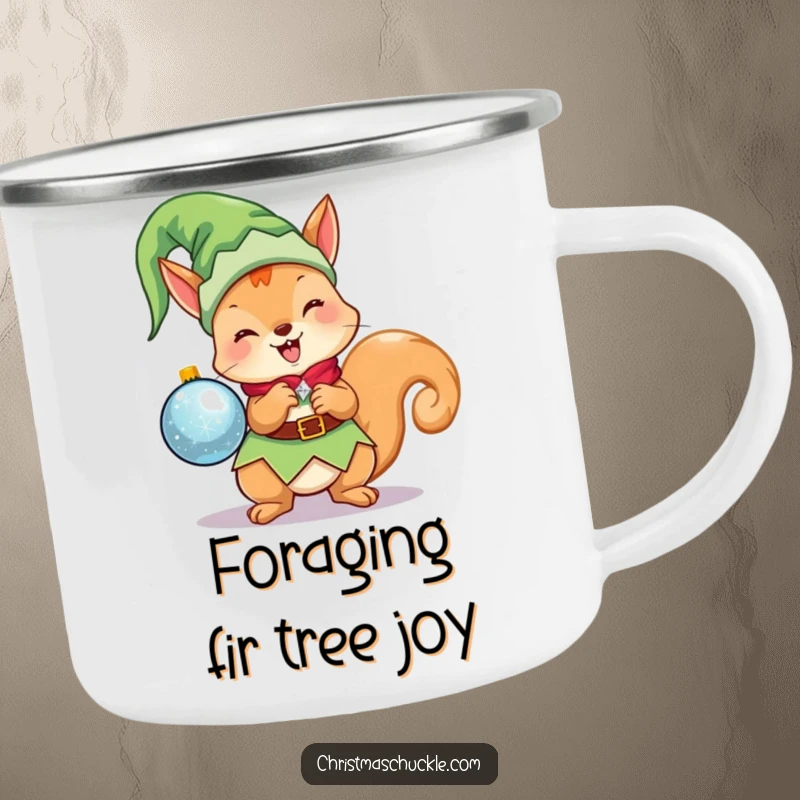Funny Kawaii Elf Squirrel Camping Mug: A cute Christmas character dressed as an elf, excitedly holding a sparkling ornament, for outdoor use.