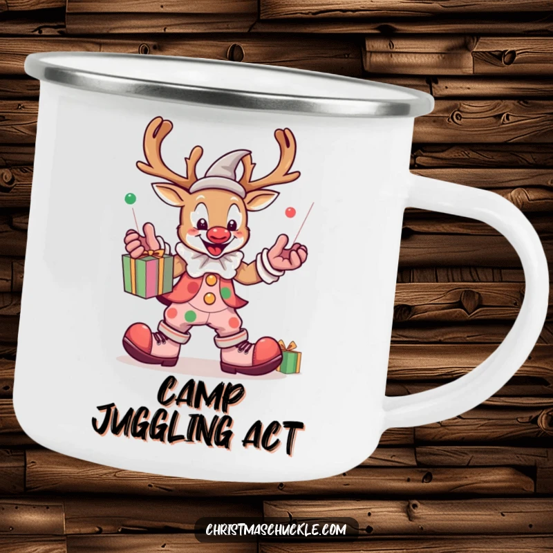 Funny kawaii reindeer clown juggling presents, enamel camping mug, durable and portable, festive and humorous outdoor gear, holiday lover gift.